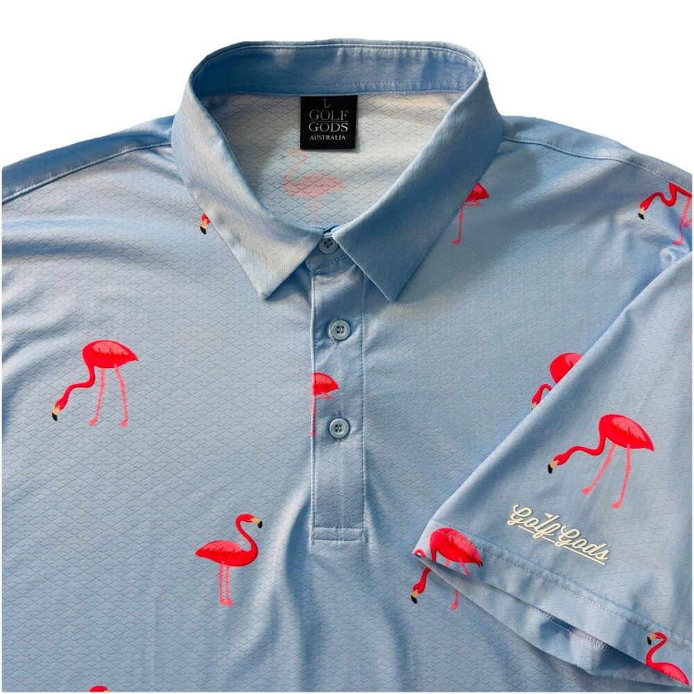 Golf Gods Australia Polo Shirt Mens Large Blue Flamingo All Over Performance